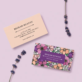 Visita Cartão de Negócios com Padrão Floral Rosa e Roxo B