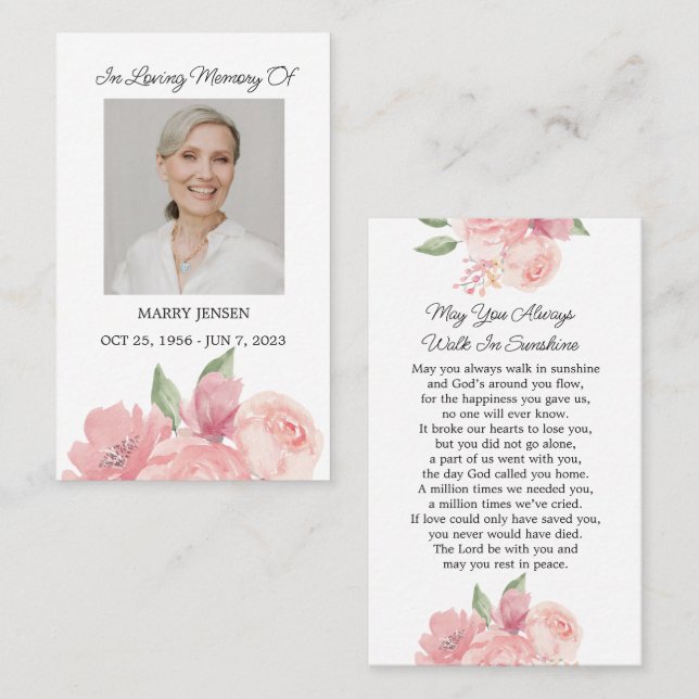 Visita Cartão de Oração Funeral Fotográfico rosa para Mem (Frente/Verso)