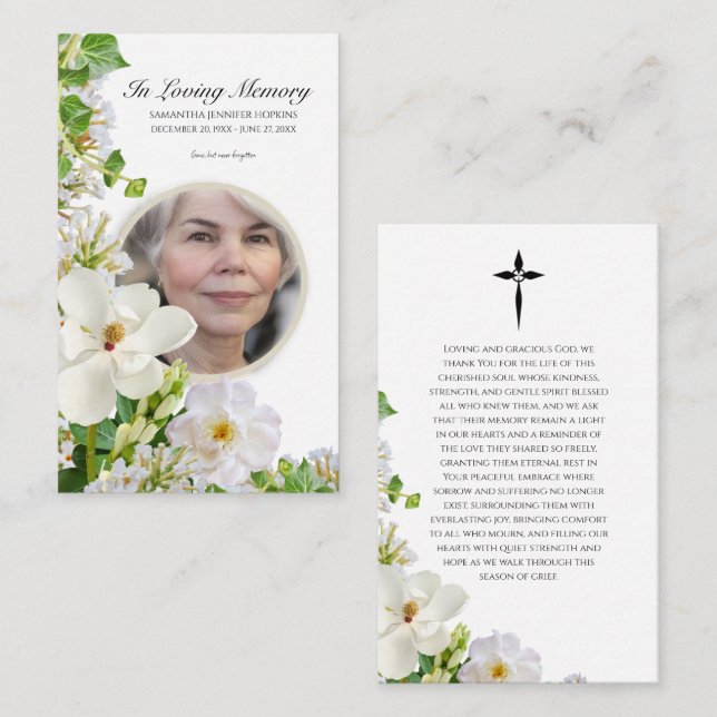 Visita Cartão de Oração Memorial Com Flores Brancas (Frente/Verso)