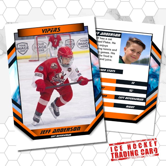 Visita Cartão de Troca de Hóquei no Gelo em Laranja Branc (Ice Hockey Trading Card: Futuristic design, vibrant colors. Perfect for young fans! )