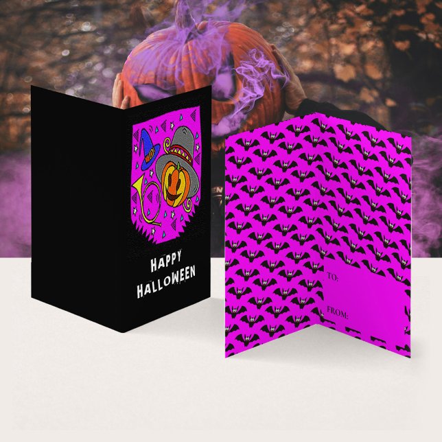 Visita Cartão de Troca de Sala de Aula Halloween Pumpkin  (Happy Halloween Pumpkin Bugle Bats Purple Background Kids Exchange Card)