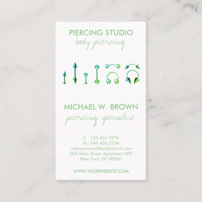 Visita Cartão Verde de Cuidados para Piercing de Joias Co (Frente)