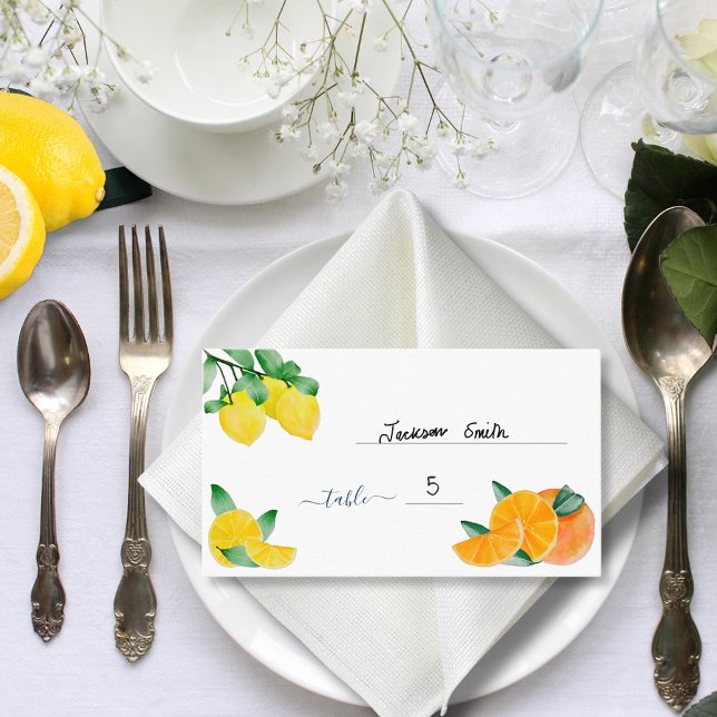 Visita Citrus Lemon e Cartão de Mesa de Casamento Laranja (Lemons and oranges citrus wedding budget place name cards)