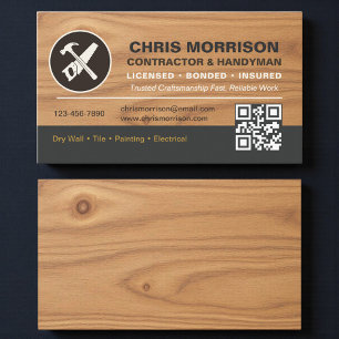 Visita Código QR cartão de madeira de um empreiteiro logo
