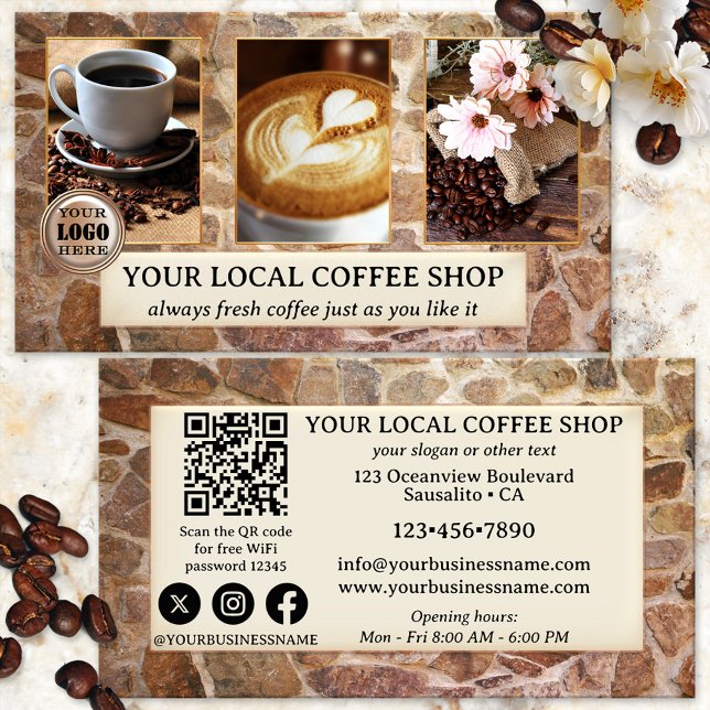 Visita Código QR Fotográfico Compro de café Cartão de vis (Business card for coffee shop owners, featuring your own photos on an industrial stone wall design)