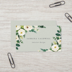 Visita Floral Branco Elegante   Sage Mint Cartão de visit