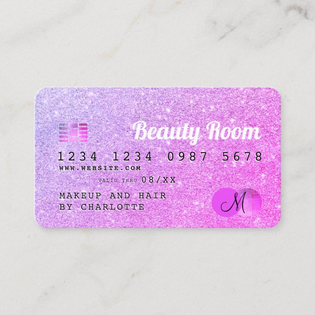 Visita Monograma de beleza de brilho rosa-chic com cartão (Frente)