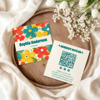 Visita Quadrado Cartão de Mídia Social com Código QR Floral Retro