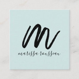 Visita Quadrado Script Pincel Preto Nome Inicial Cartão Azul de Ch