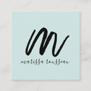Visita Quadrado Script Pincel Preto Nome Inicial Cartão Azul de Ch