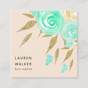 Visita Quadrado Turquesas Peonies faux gold gliter Cartão de visi