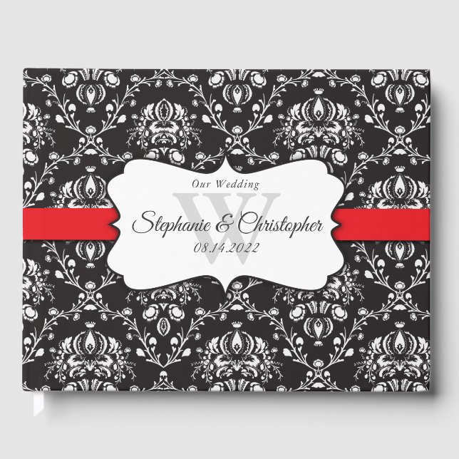 Visitas Black White Damask Red Stripe Livro de Convidado (Frente)