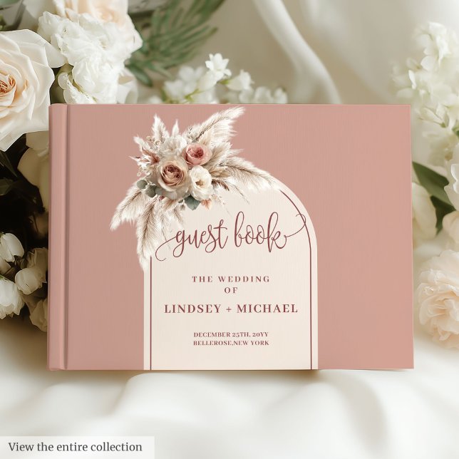 Visitas Bohemian Dusty Pampas Arch Rosa Livro de Casamento (Bohemian Dusty Pink Pampas Arch Roses Wedding Book)