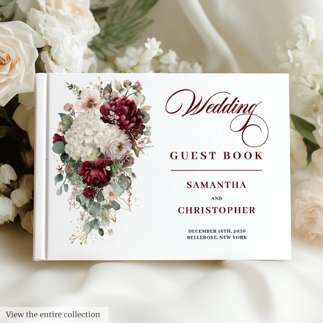 Visitas Boho Maroon White Gold rosa livro de convidados (Boho maroon white gold roses wedding guest book

)