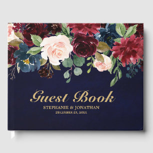 Visitas Burgundy Red Marinho Floral Rustic Livro de convid