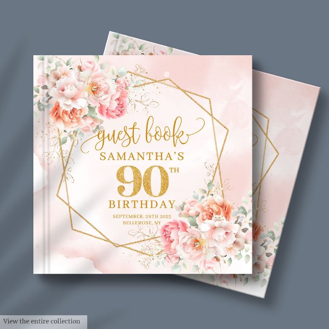 Visitas Chic Pink Dourado Floral 90 Livro de Convidado de  (Chic Pale Pink Gold Floral 90 Birthday Guest Book)