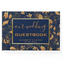 Dourado Marinho Floral Azul Livro de Convidados