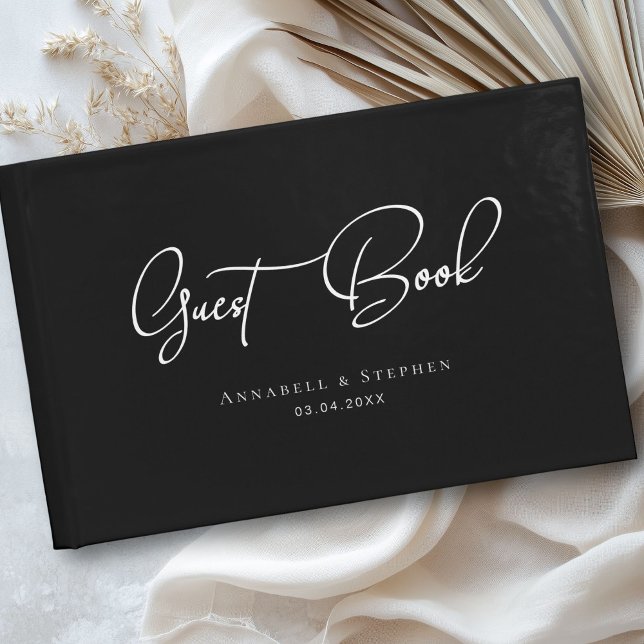 Visitas Elegante, Letra Script, Preto, Livro de Convidado  (Elegant, Script Font, Black, Wedding Guest Book)