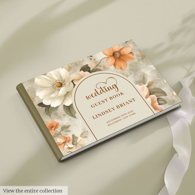 Visitas Estilo Boho Terra Cotta Marfim Sage Livro de Casam (Stylish Boho Terra Cotta Ivory Sage Wedding Guest Book)