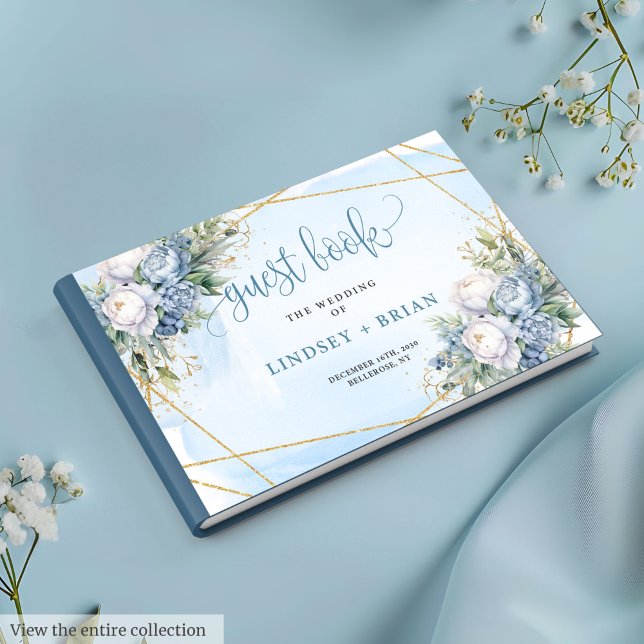 Visitas Flores Azuis Clássicas Livro de Convidados Dourado (Classic Blue Flowers White Gold Wedding Guest Book

)