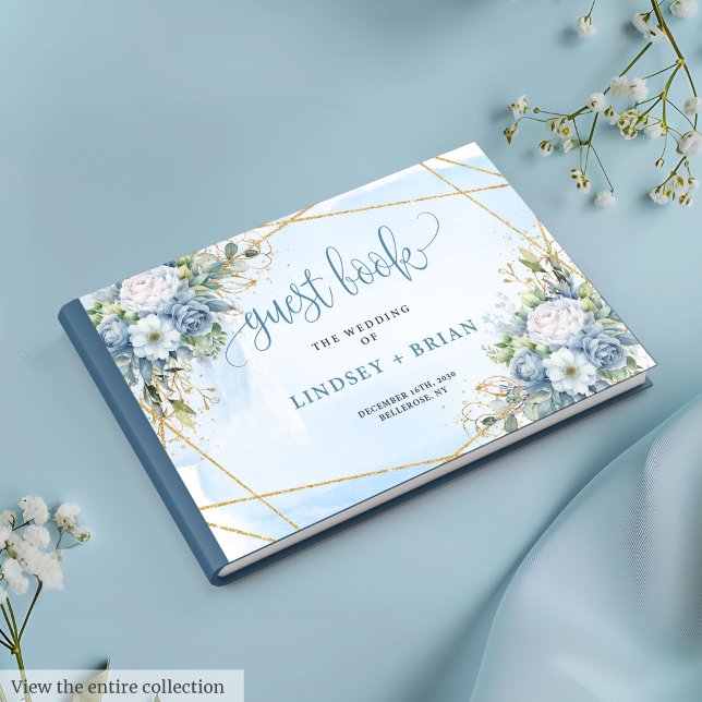 Visitas Glam Dusty Blue Dourado Flores Brancas Livro de Co (Glam Dusty Blue White Gold Flowers Guest Book)