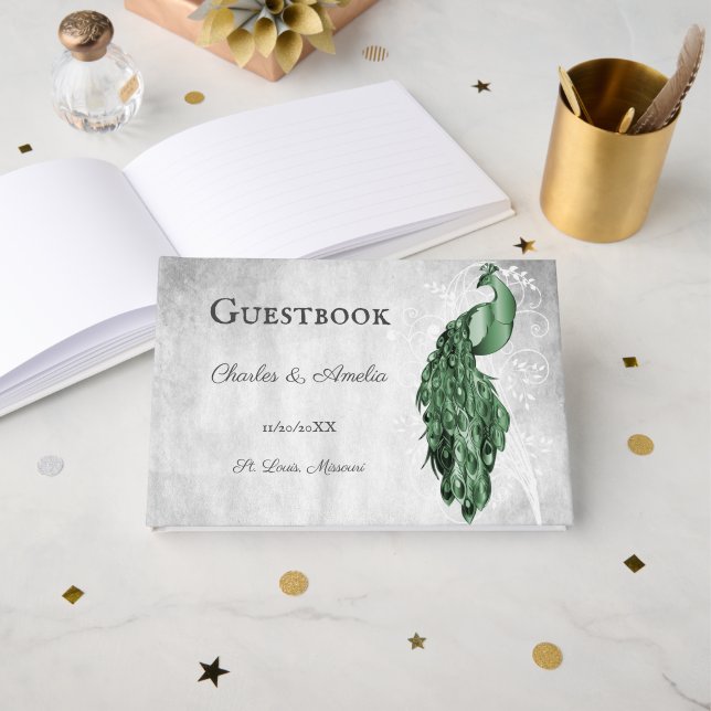 Visitas Livro Convidado de Casamento de Peacock Verde Emer (Frente aberta)