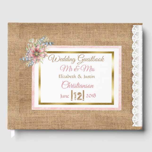 Visitas Livro de Casamento Floral de Burlap Rustic PInk (Frente)
