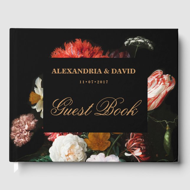 Visitas Livro de Casamento Negro Negro Negro Vermelho Flor (Frente)