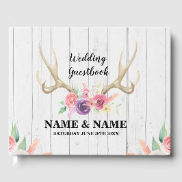 Visitas Livro De Casamento Stag Antler Wood Floral Rustic