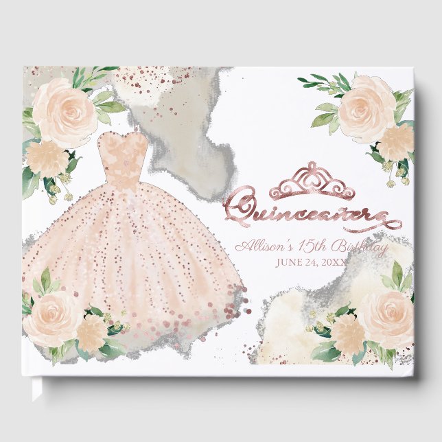 Visitas Livro de Convidado da Quinceanera Floral Cor-de-Ro (Frente)
