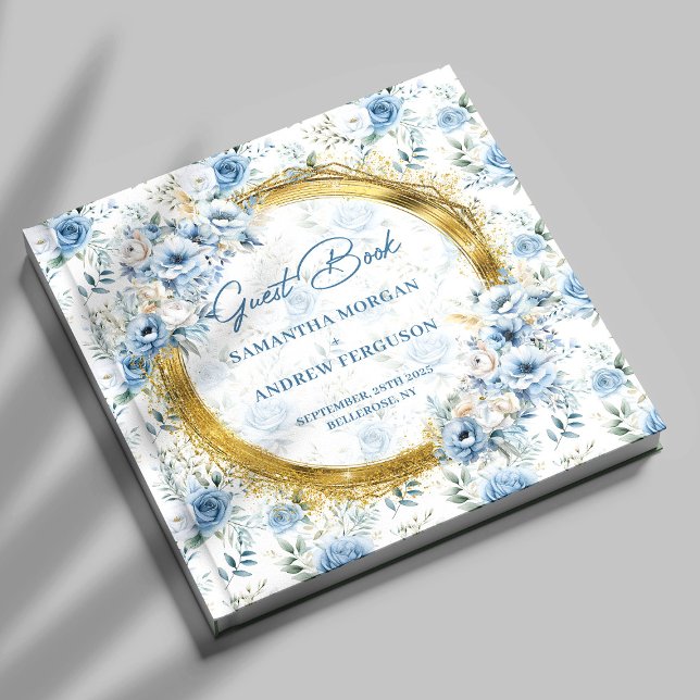 Visitas Livro de Convidados Clássico Azul Dourado de Casam (Classic Light Blue Gold Glitter Wedding Guest Book)