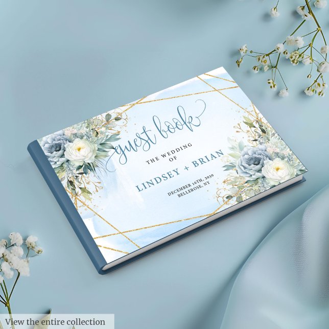 Visitas Livro de Convidados das Flores Douradas Azuis Clás (Classic Dusty Blue White Gold Flowers Guest Book)