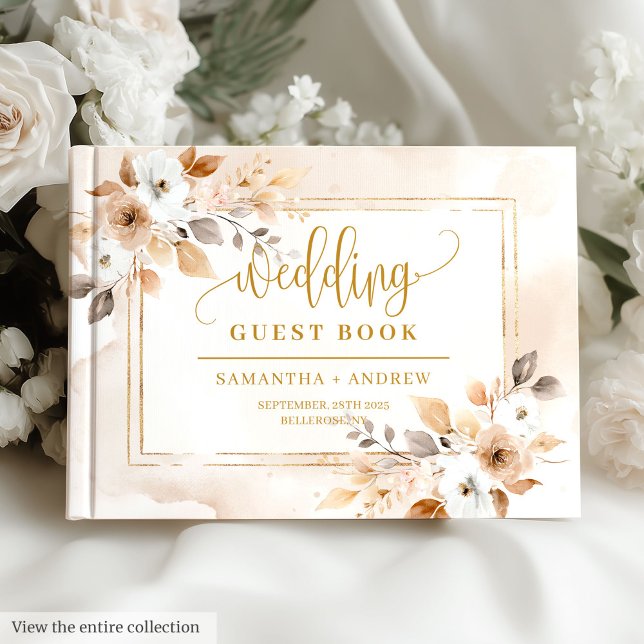 Visitas Livro de Convidados de Casamento de Buquê de Boho  (Beige & Gold Boho Fall Bouquet Wedding Guest Book)
