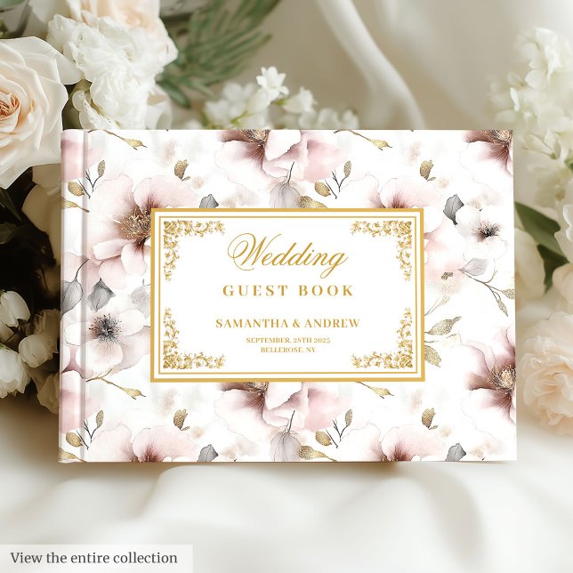 Visitas Livro de Convidados de Casamento de Flores de Água (Elegant watercolor blush gold wedding guest book)