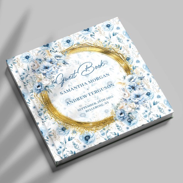 Visitas Livro de Convidados de Casamento Dourado com Brilh (Modern Light Blue Gold Glitter Wedding Guest Book)