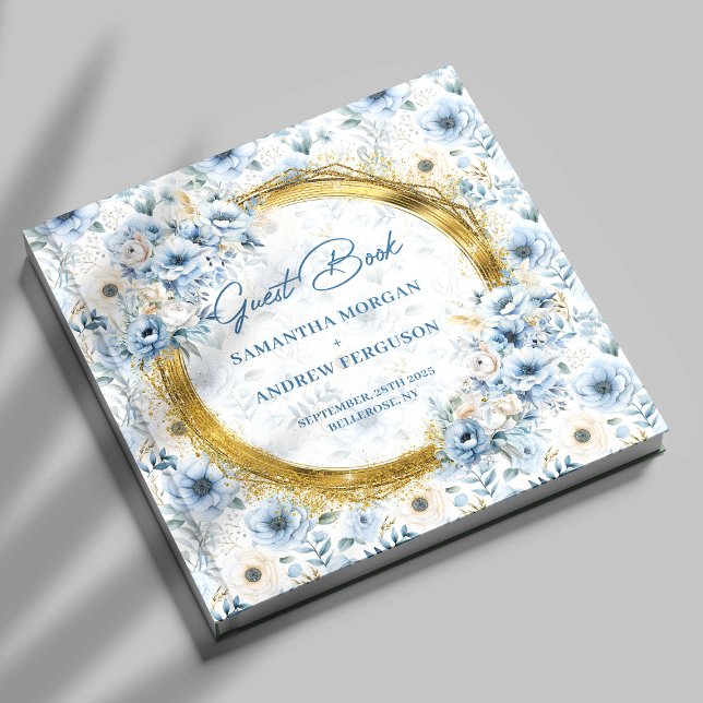 Visitas Livro de Convidados de Casamento Dourado com Lumin (Unique Pastel Blue Gold Glitter Wedding Guest Book)
