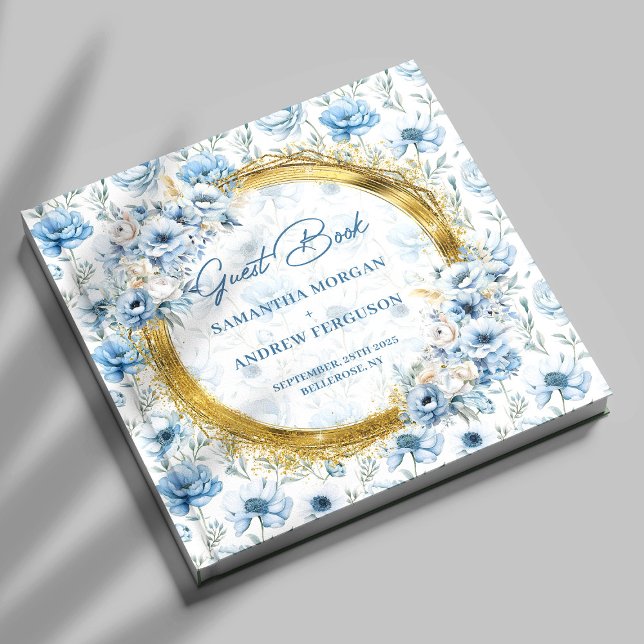 Visitas Livro de Convidados de Casamento Dourado com Lusas (Modern Pastel Blue Gold Glitter Wedding Guest Book)