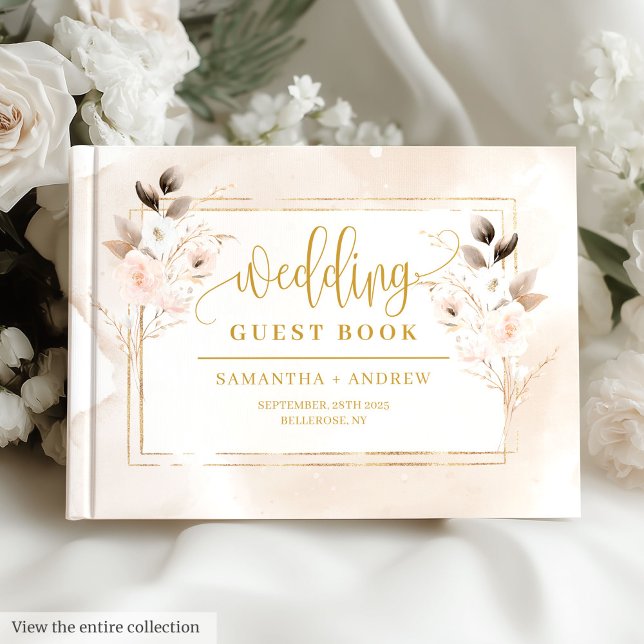 Visitas Livro de Convidados de Casamento Floral Dourado Co (Elegant Blush Pink Gold Floral Wedding Guest Book)