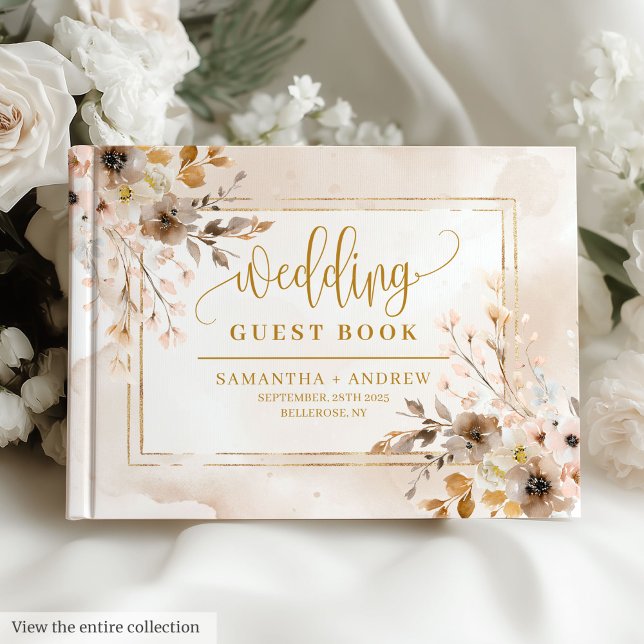Visitas Livro de Convidados de Casamento Floral Dourado Ne (Timeless Neutral Gold Floral Wedding Guest Book)