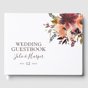 Visitas Livro de Convidados de Casamento Floral Laranja Bu