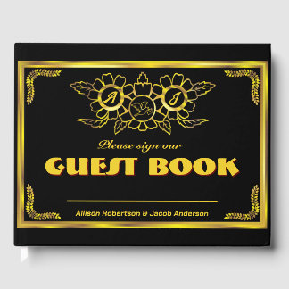 Visitas Livro de Convidados de Casamento Negro e Ouro
