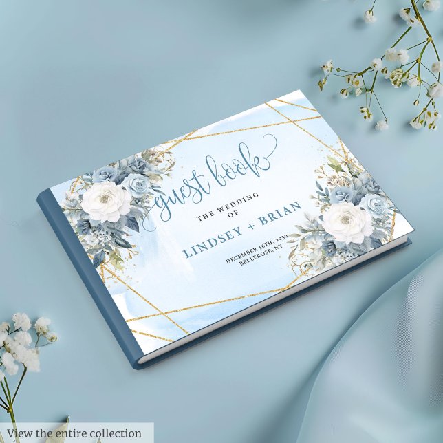 Visitas Livro de Convidados do Casamento Dourado Floral Az (Elegant Pastel Blue Floral Gold Wedding Guest Book

)