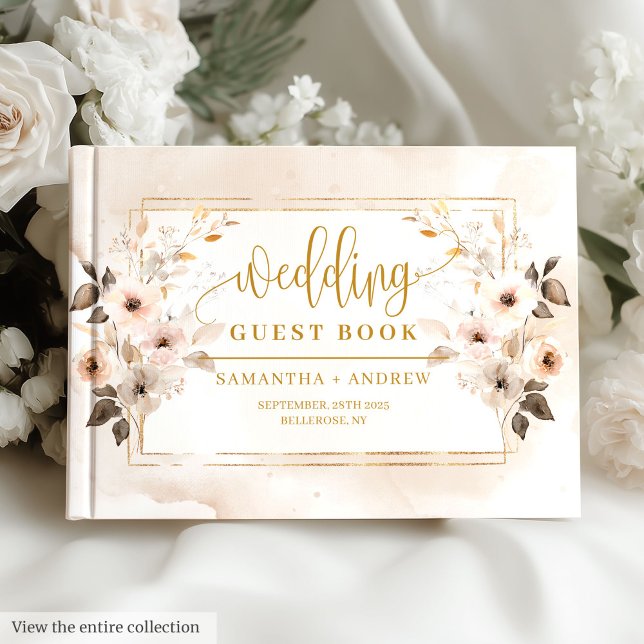 Visitas Livro de Convidados Neutros e Dourados do Boho Aut (Neutral and Gold Boho Autumn Wedding Guest Book)
