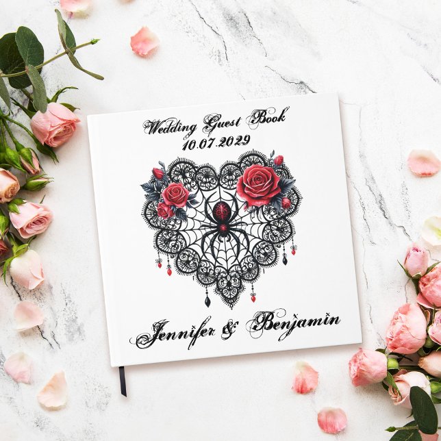 Visitas Livro de Convidados Romântico de Casamento Gótico  (White wedding guest book with dark romance lace spider web and roses - gothic stylle)