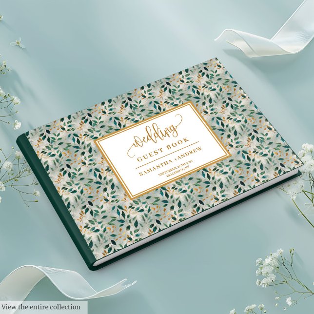 Visitas Livro de Convidados sobre Casamento Dourado e Verd (Botanical Forest Green And Gold Wedding Guest Book)