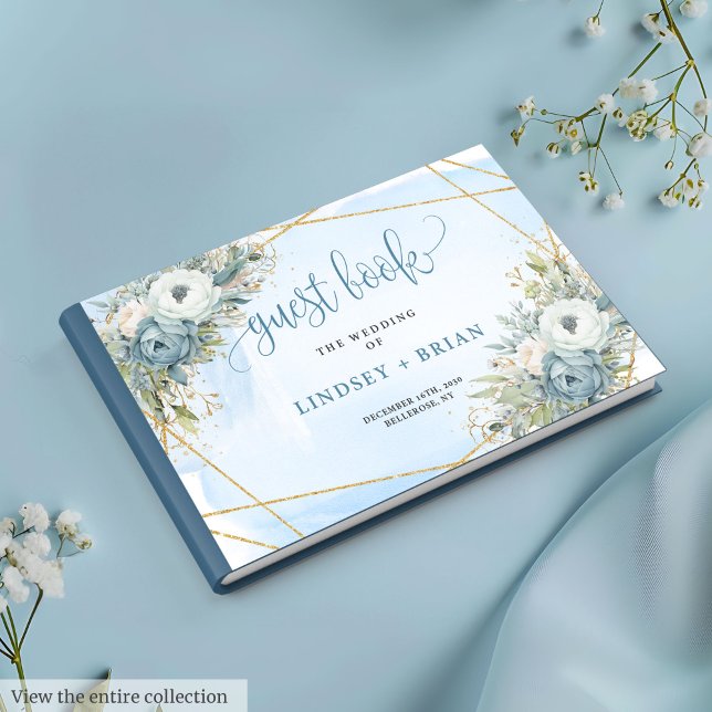Visitas Livro de Convidados sobre Flores Douradas Azuis Si (Simple Dusty Blue White Gold Flowers Guest Book)