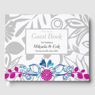 Visitas Livro de Convidados sobre Padrão Floral de Cinza 