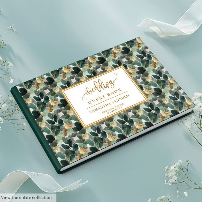 Visitas Livro de hóspedes de ouro verde profundo com botân (Deep green gold wedding guest book with botanicals

)