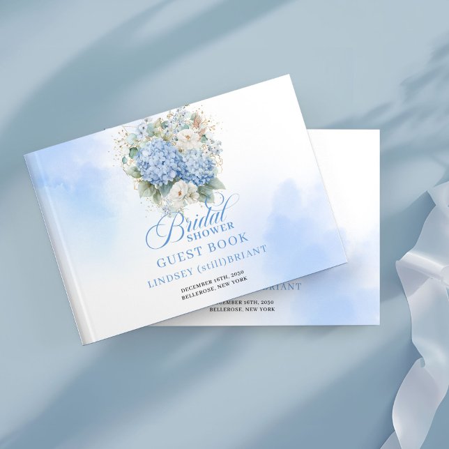 Visitas Livro de Luxo para Chá de Noiva Azul Hidrangea Dou (Luxury Blue Hydrangea Gold Bridal Shower Book)