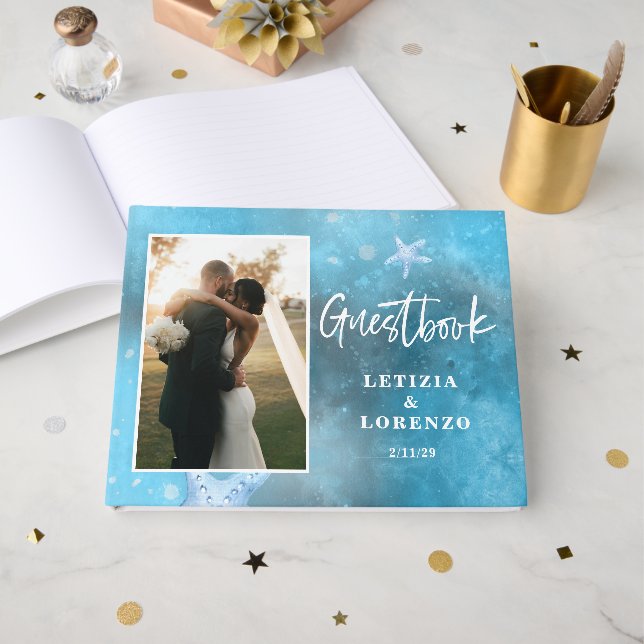 Visitas Livro de Presença de Casamento Estrela do Mar Azul (Frente aberta)